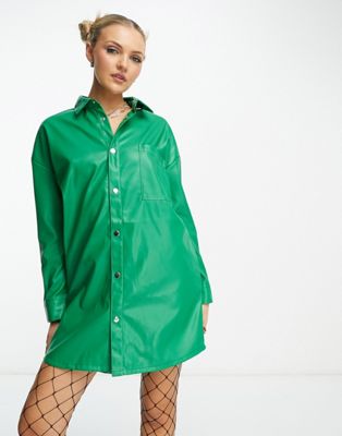 Native Youth Pu Mini Shirt Dress In Green With Contrast Stitch