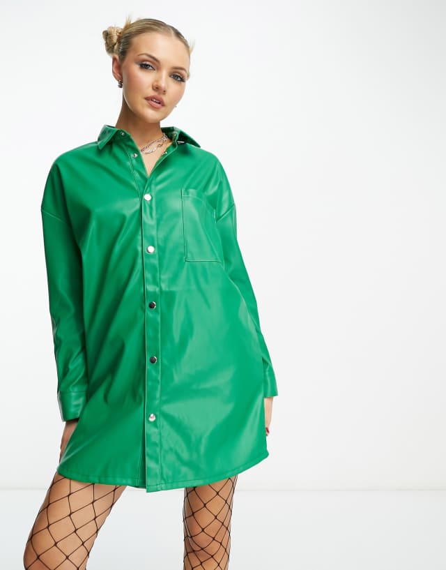 Native Youth PU mini shirt dress in green with contrast stitch