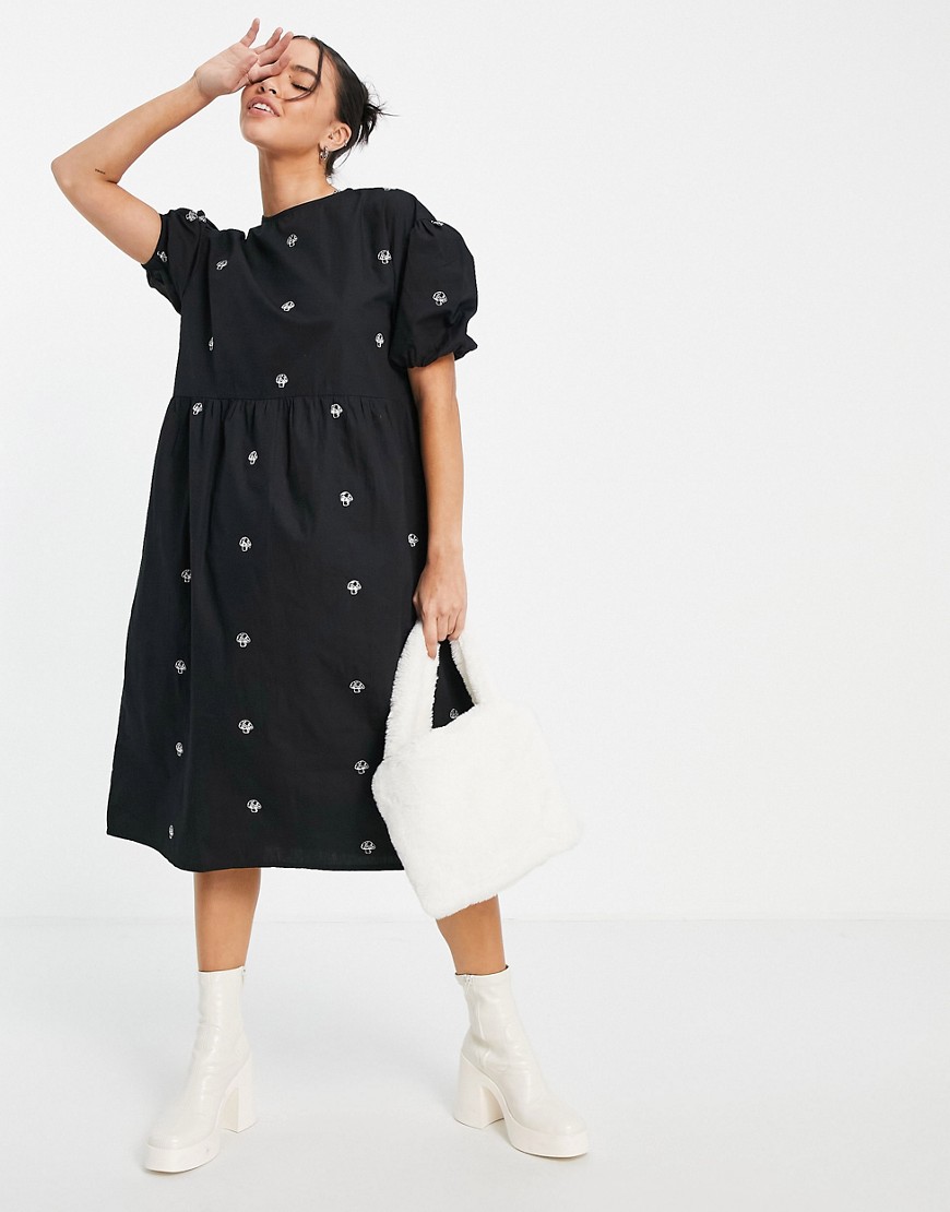 Native Youth puff sleeve midi smock dress with contrast mushroom embroidery-Black
