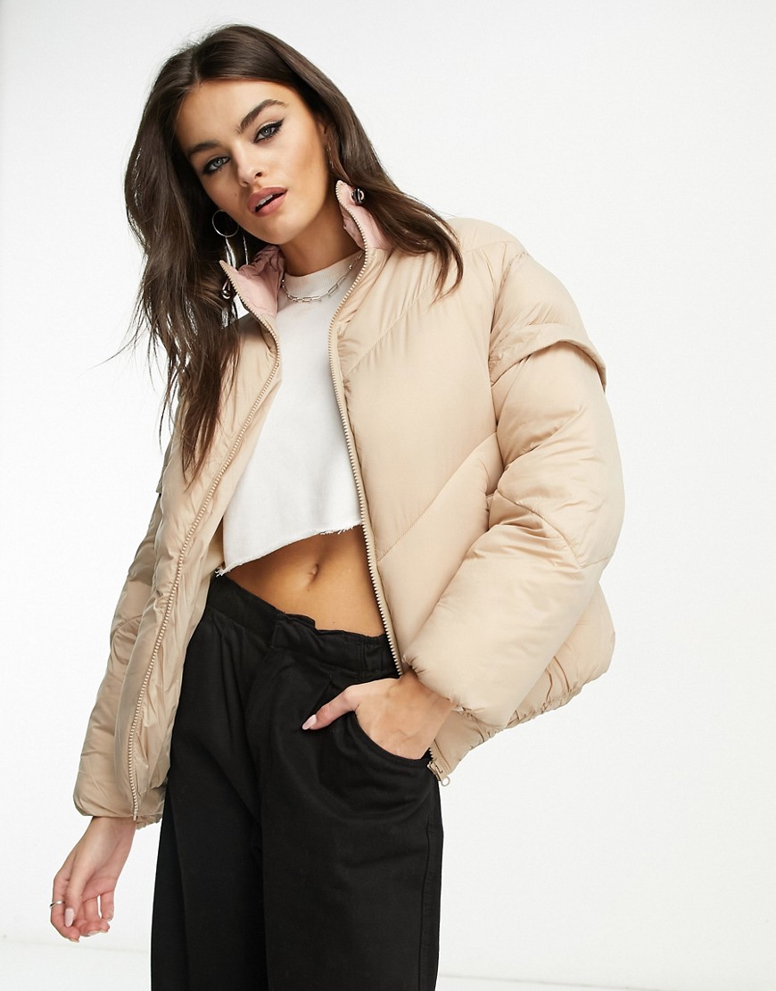 Native Youth puffer jacket with contrast collar in stone-Neutral