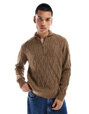 Native Youth Native Youth quarter zip cable knit funnel neck jumper in brown