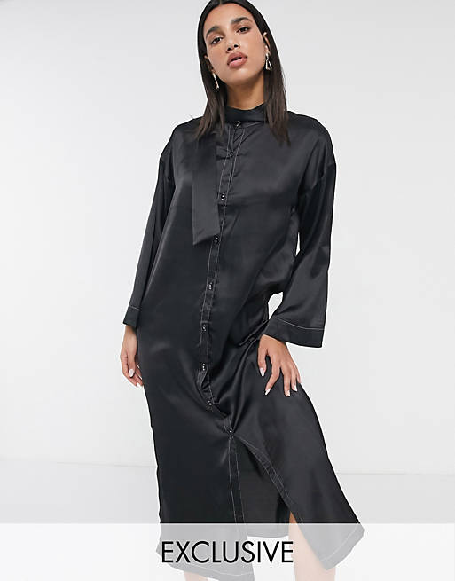  Native Youth relaxed button up maxi dress in black high shine satin with contrast stitching 