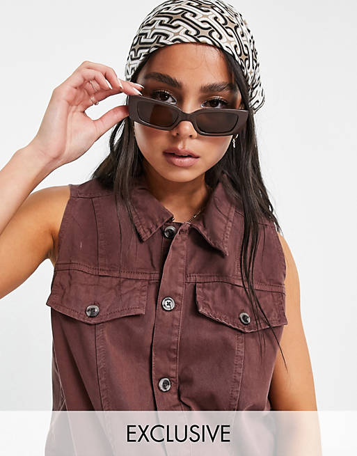 Native Youth relaxed fit denim waistcoat in frayed chocolate co-ord