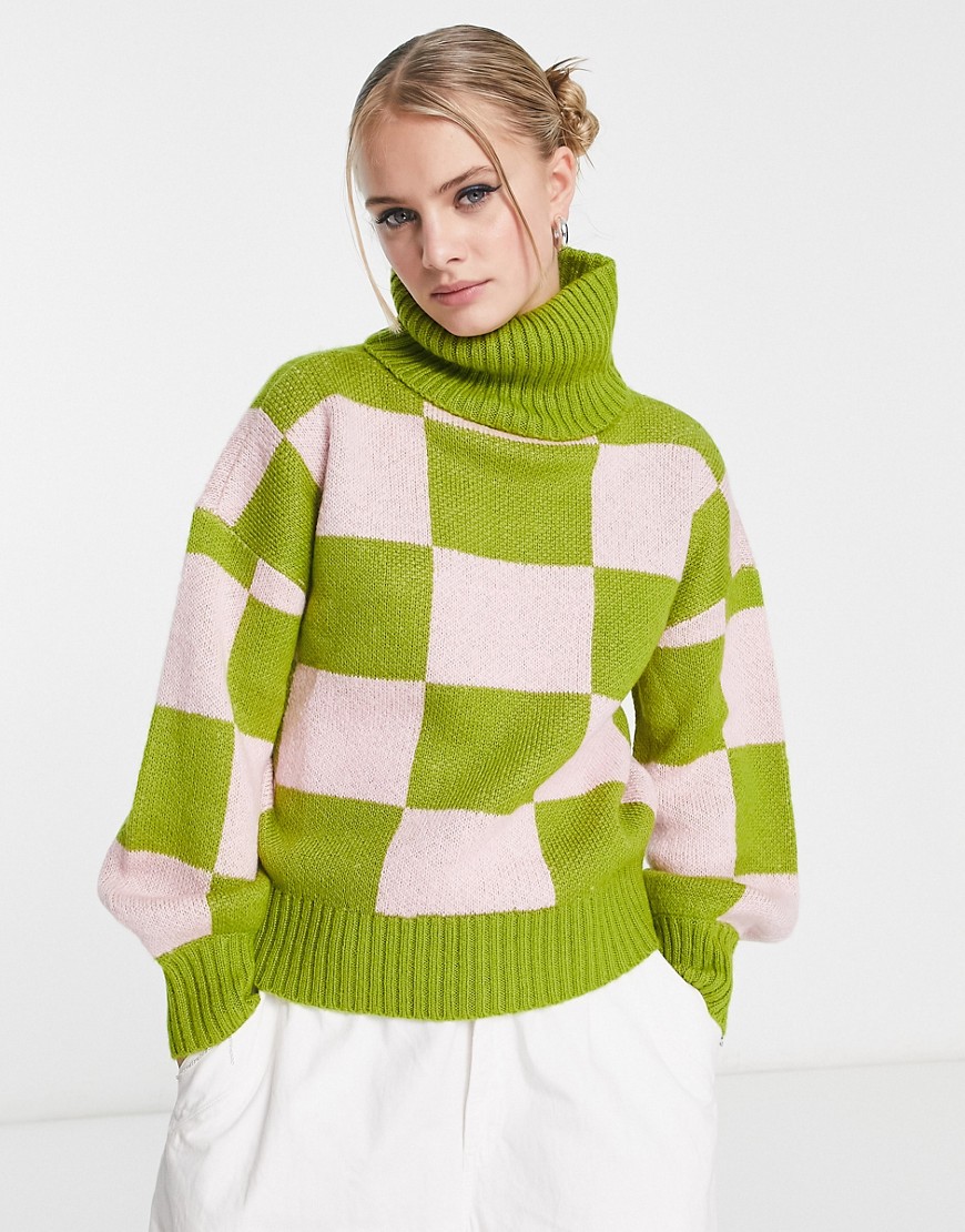 Native Youth relaxed jumper with high neck in checkerboard knit-Multi