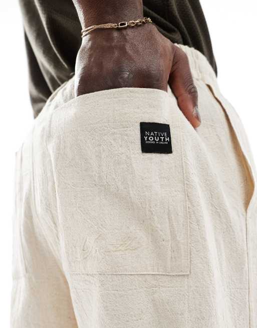 Native Youth relaxed linen trousers with cornelli embroidery co-ord in cream, 3 of 5