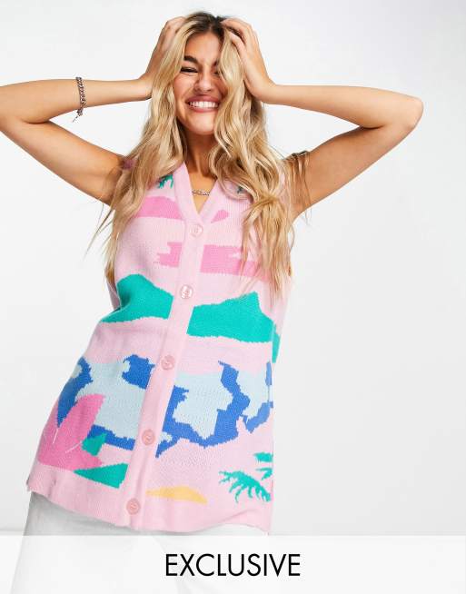 Native Youth relaxed sleeveless cardigan with beachy print