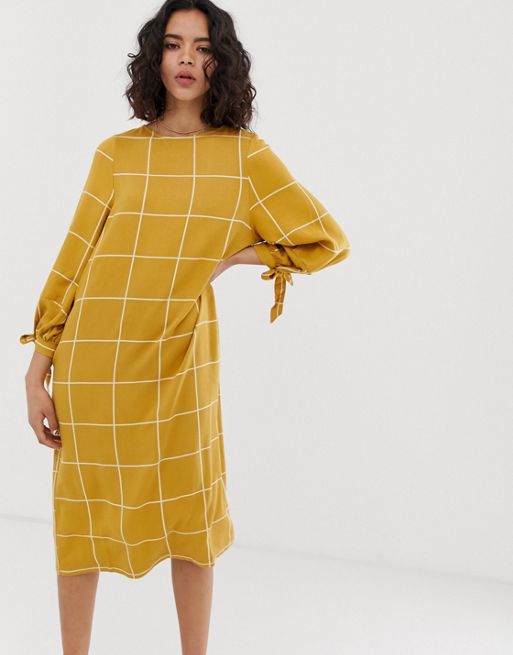 Native Youth relaxed smock midi dress with tie cuffs in grid check | ASOS