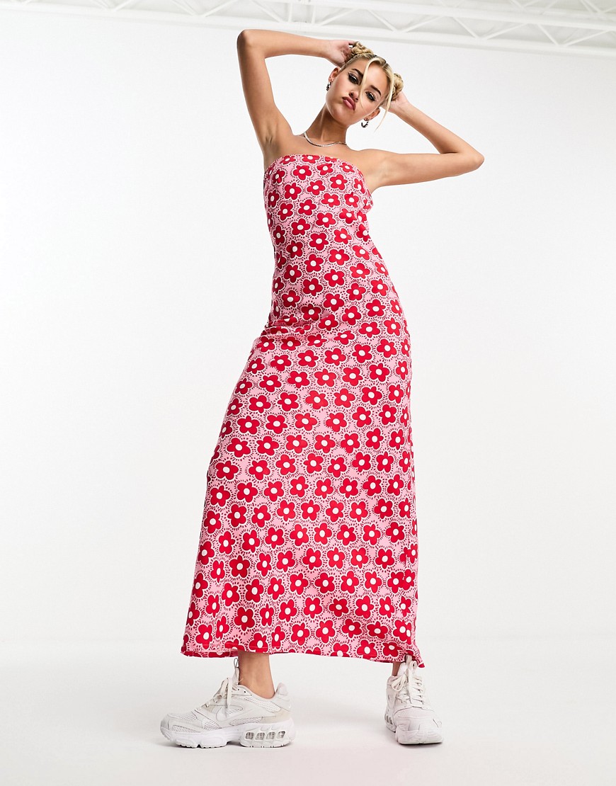 Native Youth retro floral midaxi tube dress in red
