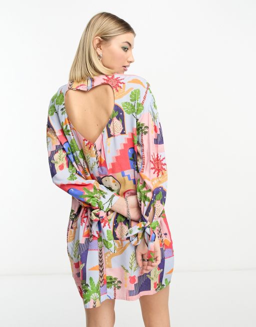 Native Youth - Robe babydoll à découpe cœur et imprimé ville ensoleillée - Multicolore