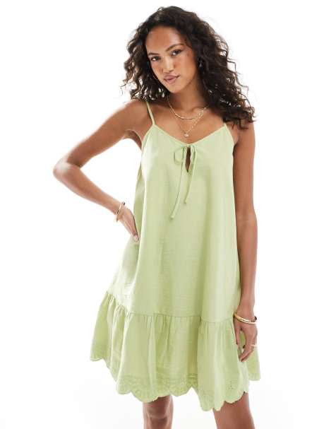 Native Youth - Robe caraco courte en lin - Vert sauge - view 1