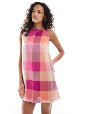 Native Youth - Robe droite courte en lin à carreaux - Rose multicolore