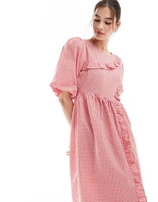 Native Youth Native Youth ruffle detail gingham midaxi dress in red