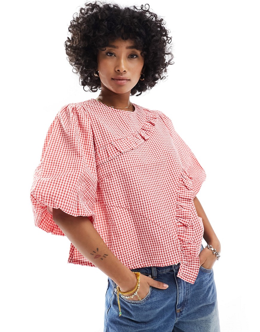 Native Youth ruffle gingham cotton top in red