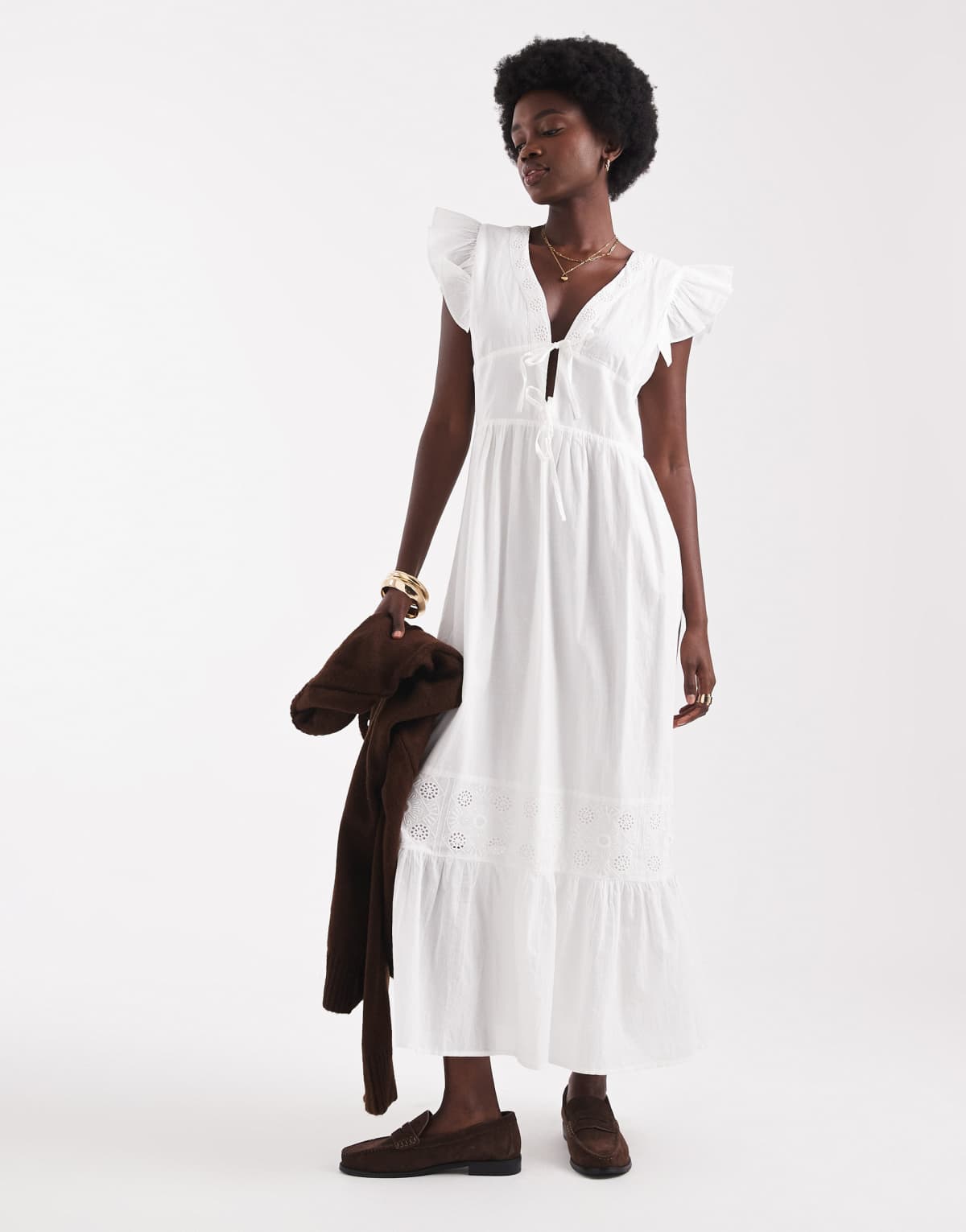 Native Youth ruffle midaxi floaty midi dress in white
