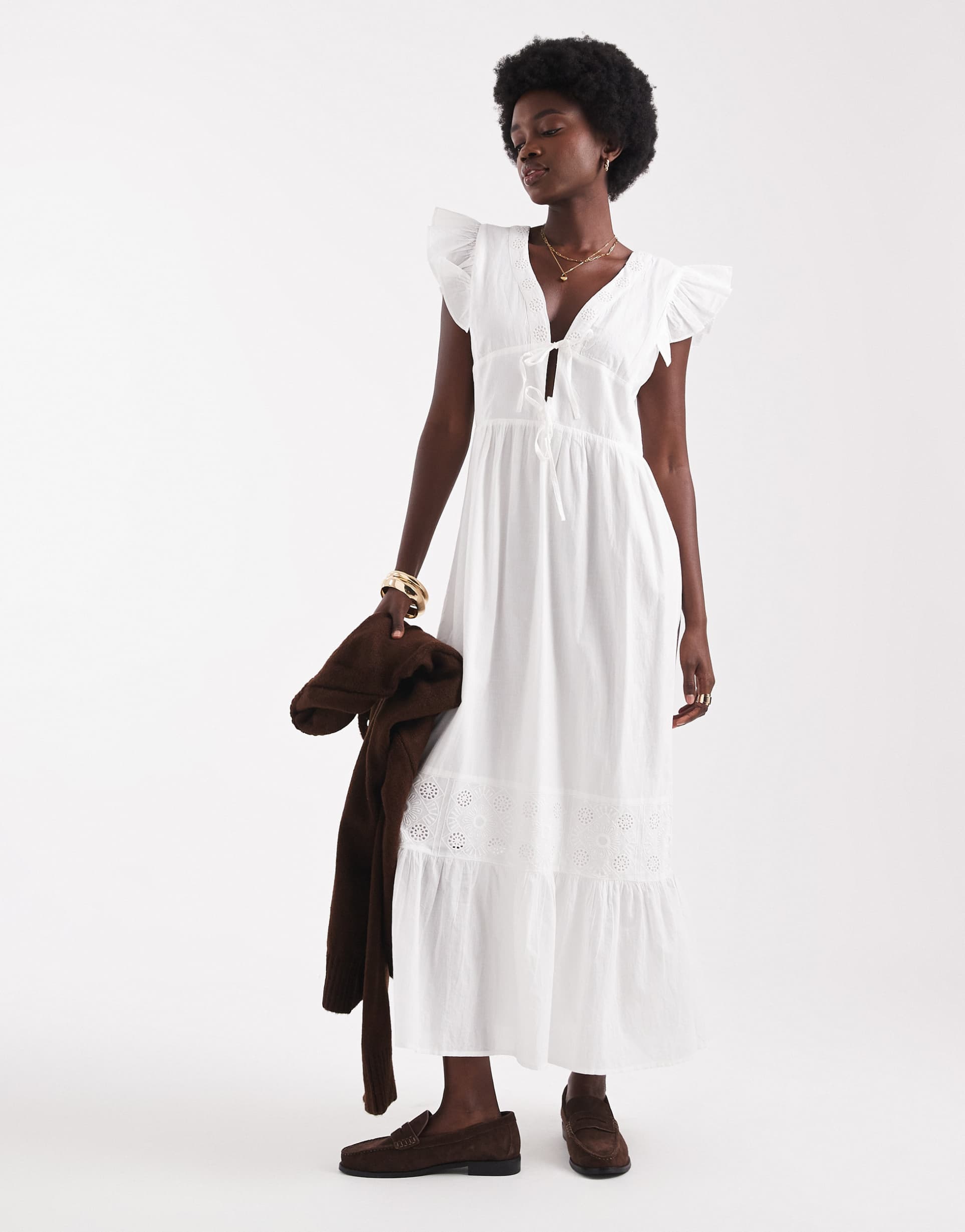 native youth ruffle midaxi floaty midi dress in white