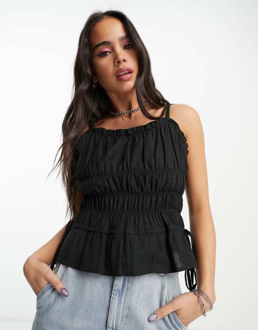 Native Youth - Rynket sort cami-top i hør