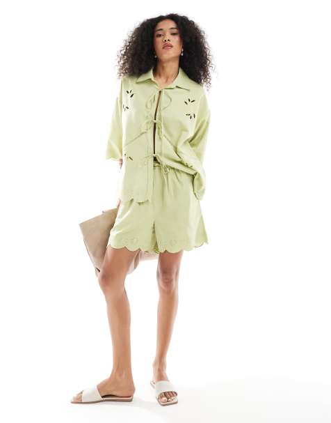 Native Youth scallop edge linen shorts in sage green - view 1
