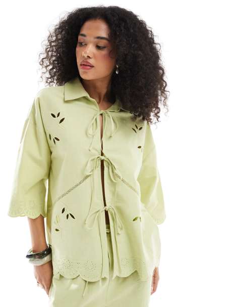 Native Youth scallop edge tie detail blouse in sage green - view 1