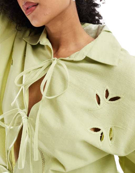 Native Youth scallop edge tie detail blouse in sage green, 3 of 4