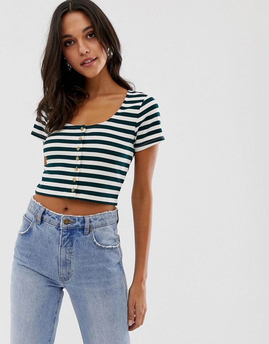 Native Youth scoop neck top with button front in stripe rib-Green