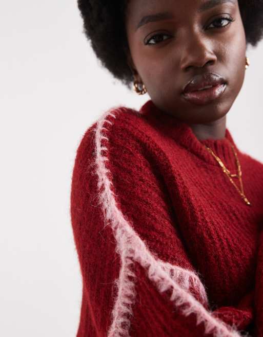 Native Youth seam detail cropped jumper in red, 3 of 4