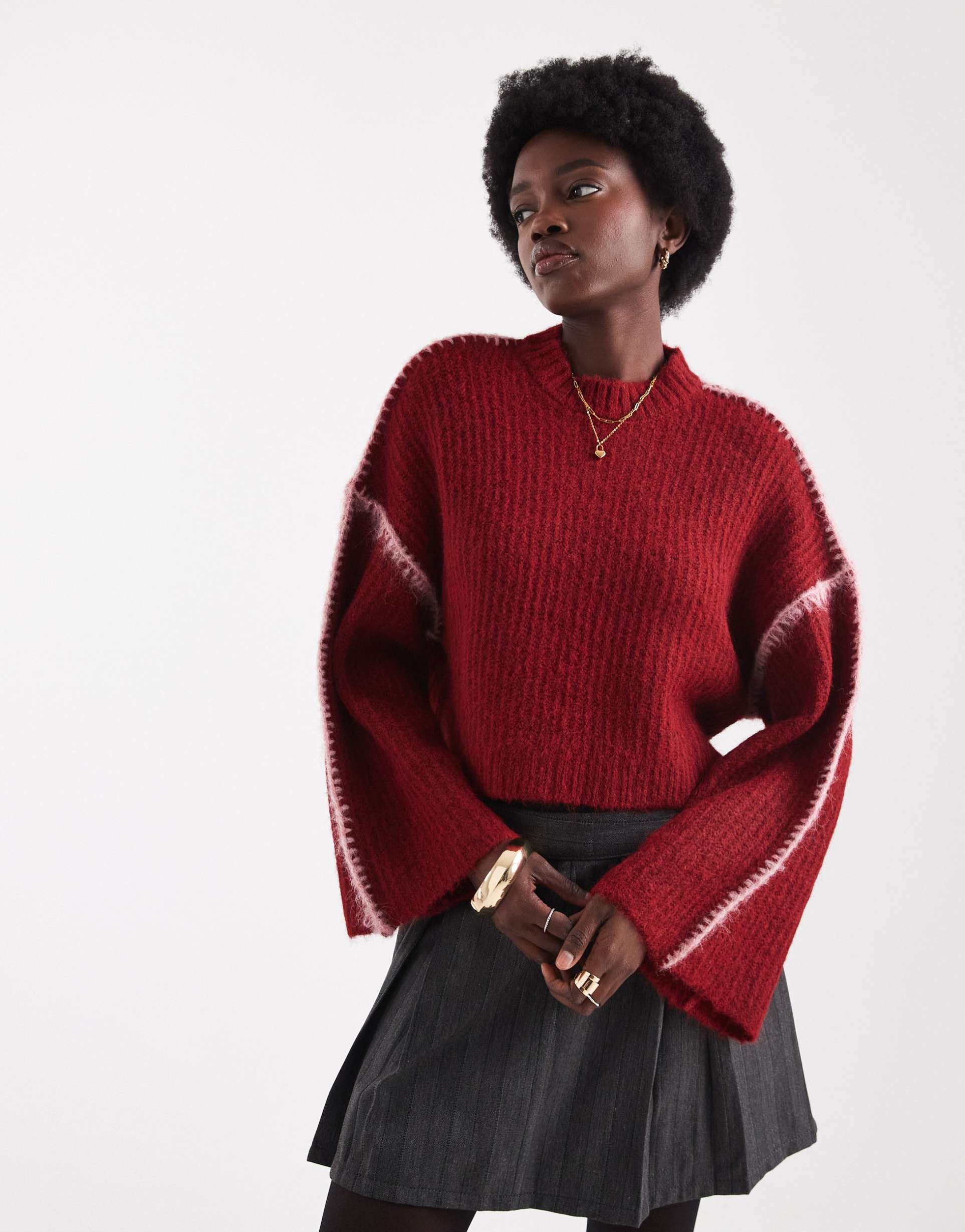 native youth seam detail cropped sweater in red