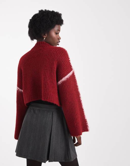 Native Youth seam detail cropped sweater in red, 4 of 4