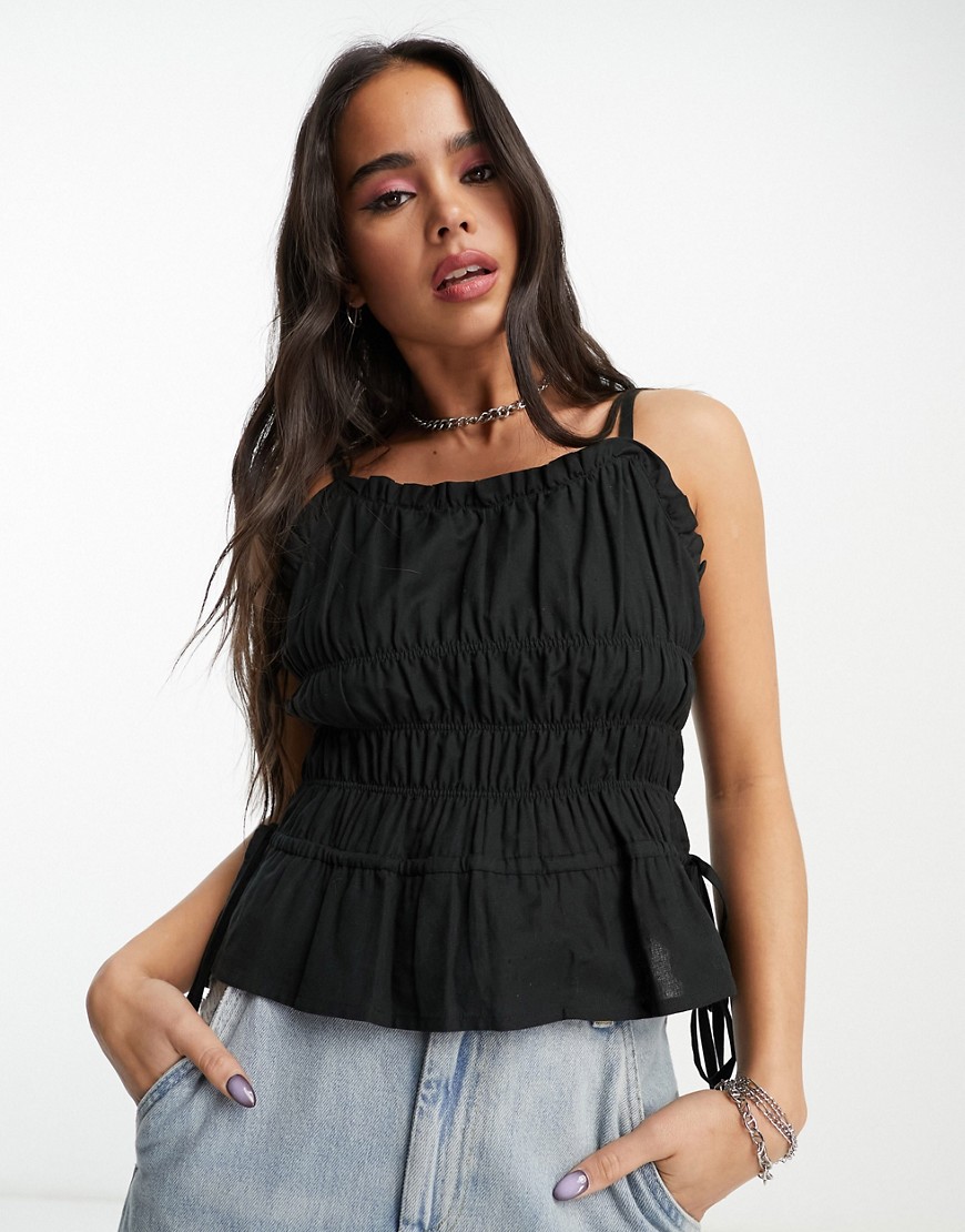 Native Youth shirred linen cami top in black