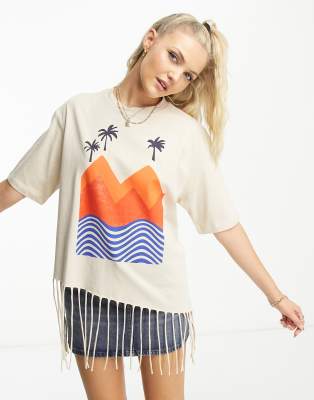 Native Youth shredded edge beach motif t-shirt in ecru