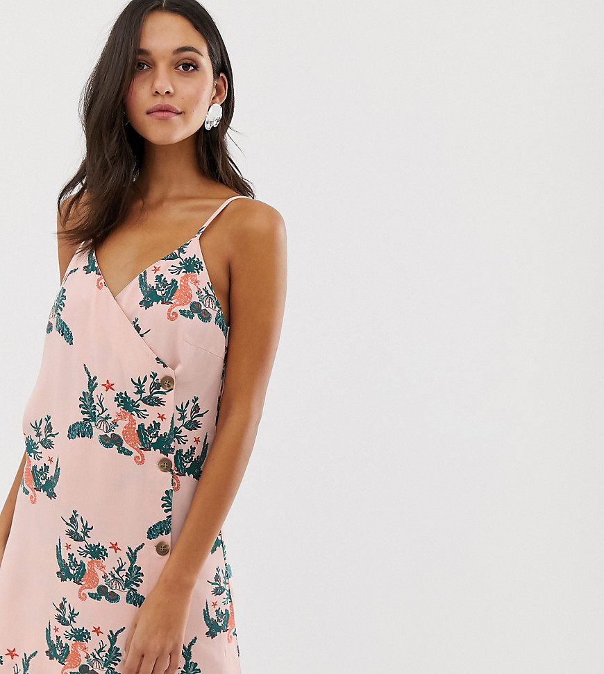Native Youth slip dress with buttons in sea horse print-Pink