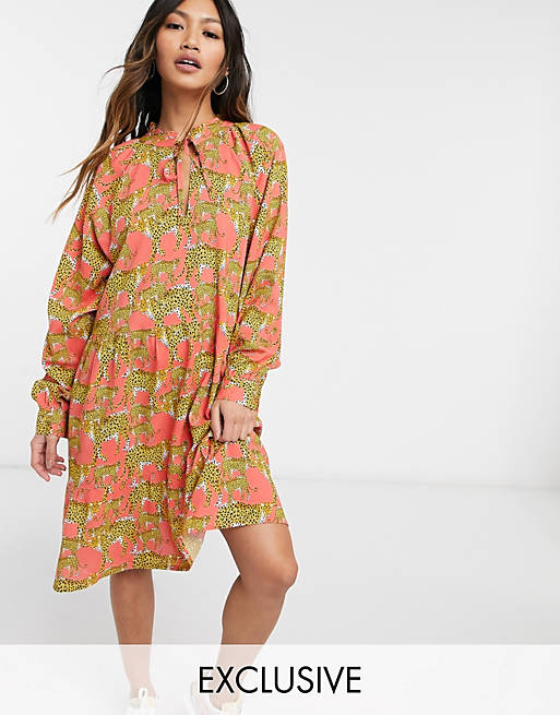 Native Youth smock dress with high pleated collar in leopards print