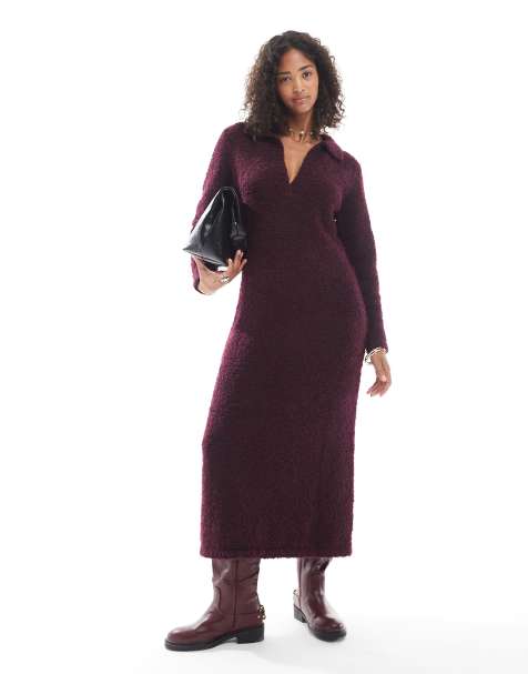 Native Youth soft puff knit polo dress in burgundy - view 1