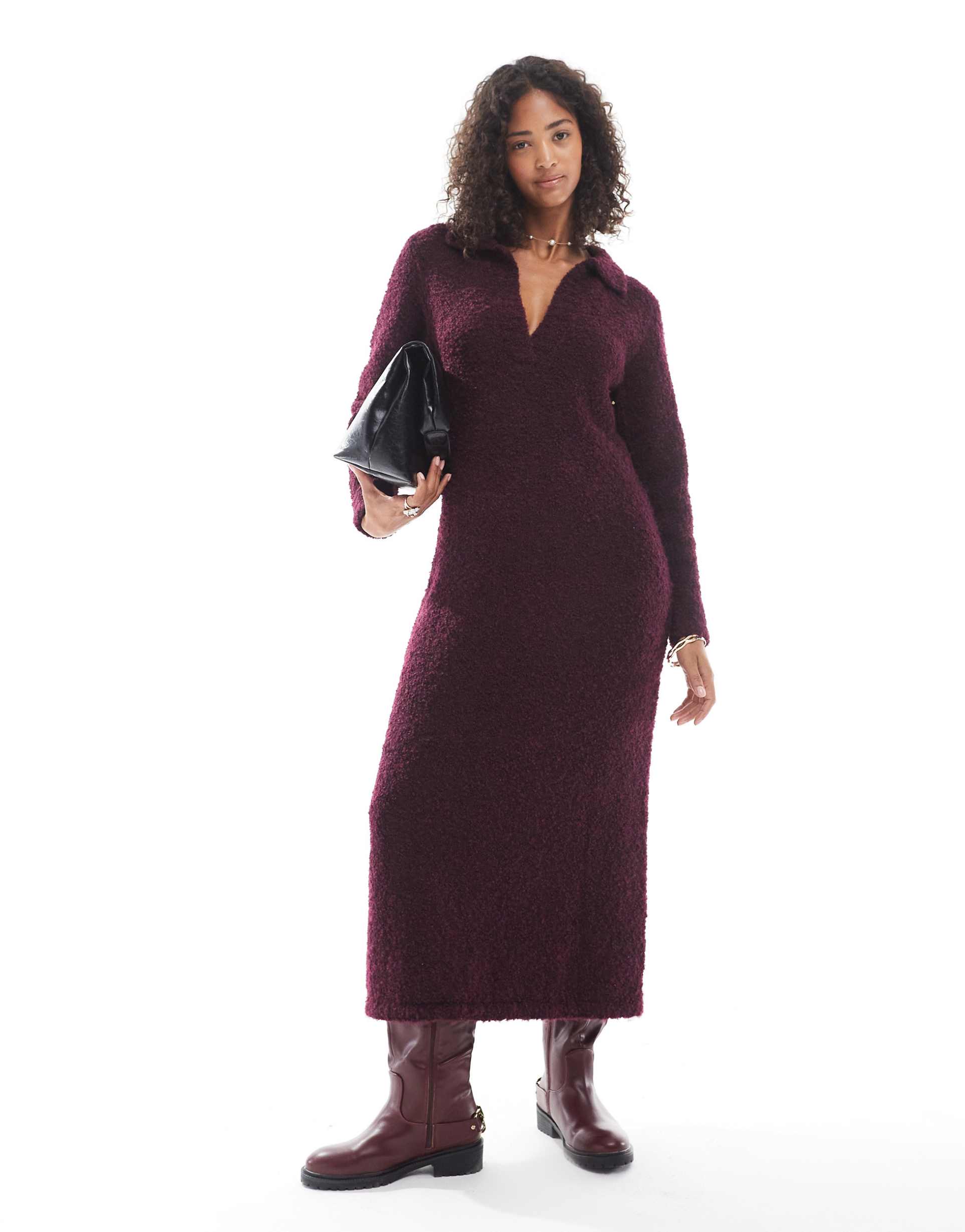 native youth soft puff knit polo dress in burgundy