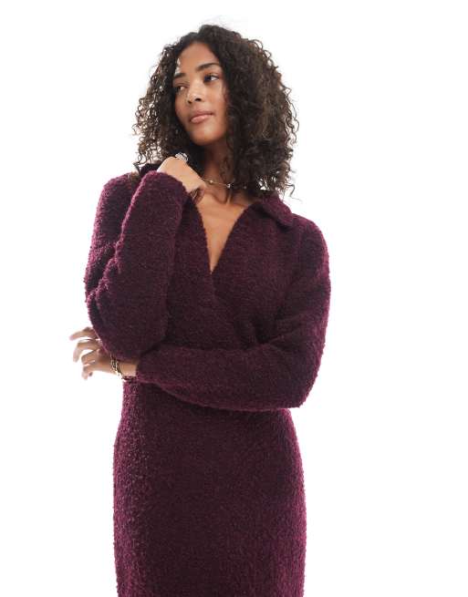 Native Youth soft puff knitted polo dress in burgundy , 2 of 4