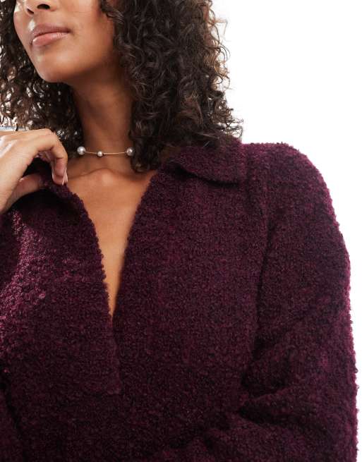 Native Youth soft puff knitted polo dress in burgundy , 4 of 4