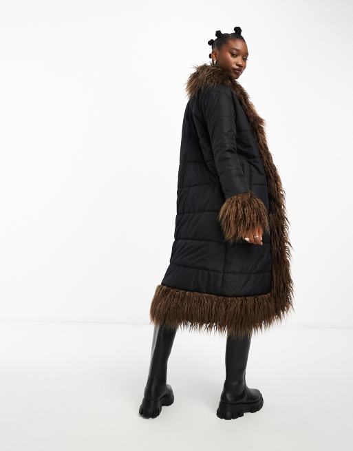 Native Youth - Sort longline-frakke med cocoon-snit og brune kanter i imiteret pels, 3 af 4