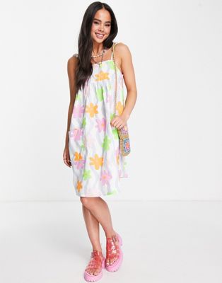 Native Youth Strappy Cami Smock Dress With Pockets In Wavy Floral-multi