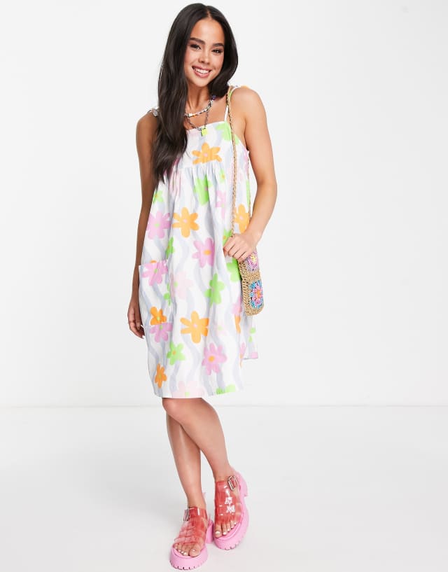 Native Youth strappy cami smock dress with pockets in wavy floral