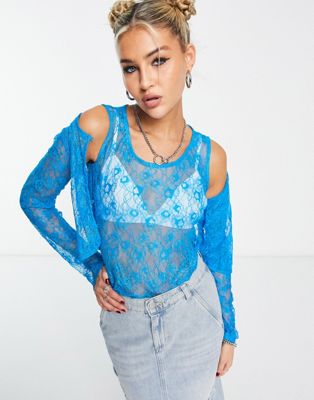 stretch lace cami and cardigan set in bright blue