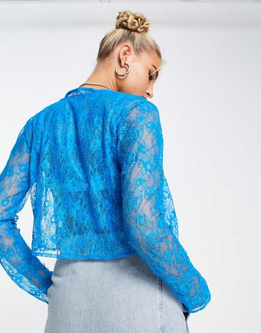 Native Youth stretch lace cami and cardigan set in bright blue