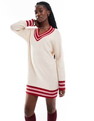 Thumbnail - Native Youth - Strick-Minikleid in Steinbeige mit Streifensaum und V-Ausschnitt-Neutral