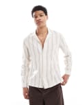 [Native Youth] Native Youth striped long sleeve boxy shirt in stone-Neutral Chest 42 STONE