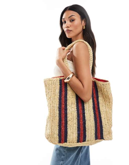 Native Youth striped raffia tote bag in red and navy | ASOS