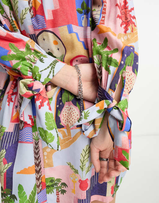 Native Youth - Sunny Town - Multifarvet smock-kjole med byprint og hjerteformet udskæring, 3 af 4