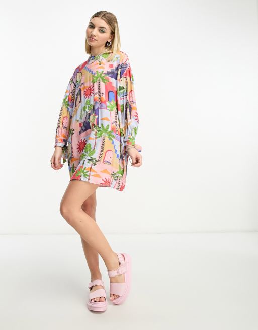 Native Youth Sunny Town print heart cut-out smock dress in multi, 4 of 4