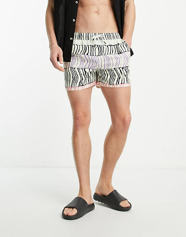 Native Youth - swim short in black and pink graphic line print  - pink
