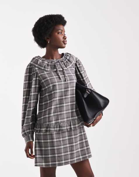 Native Youth tartan ruffle collared dress in black check - view 1