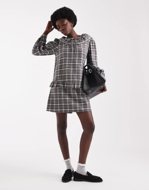 Native Youth tartan ruffle collared dress in black check , 3 of 4