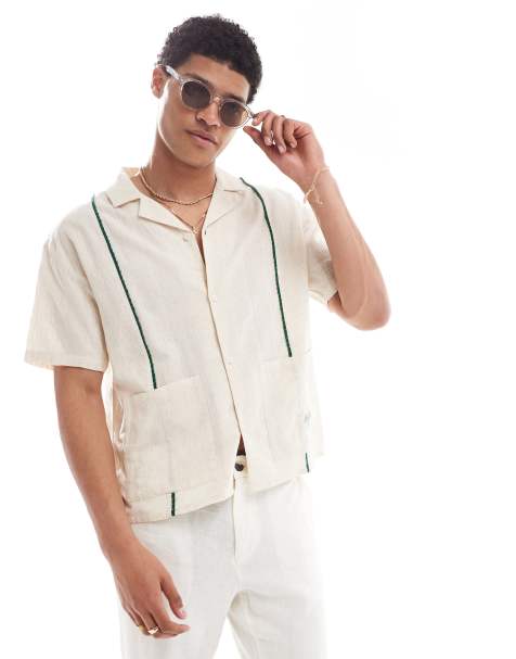 Native Youth textured boxy shirt in green and stone - view 1