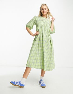 Native Youth textured check midi dress with open back in green
